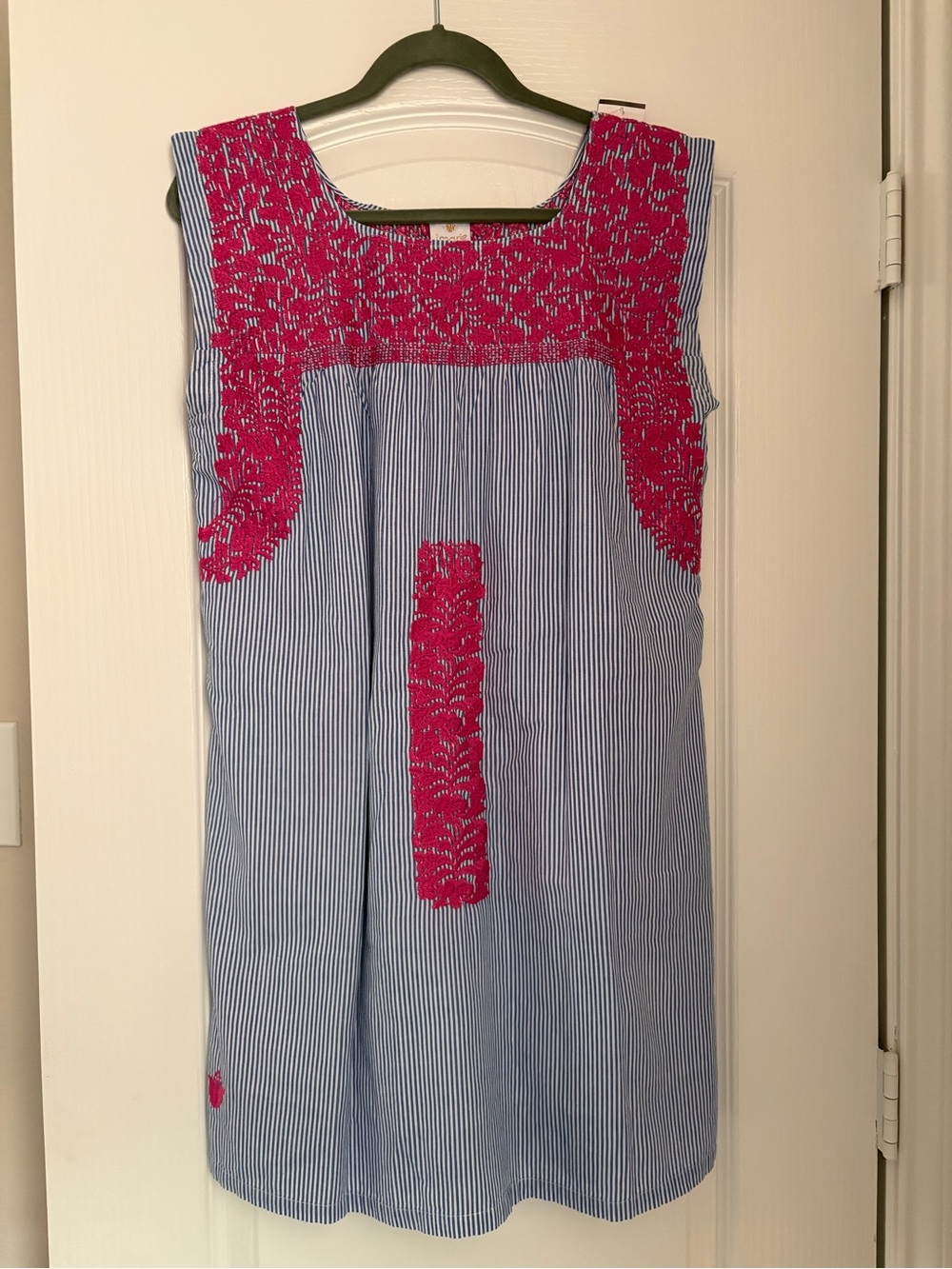 j.marie Shift Dress Women's S Blue/White Striped Pink Embroidery Round Neck